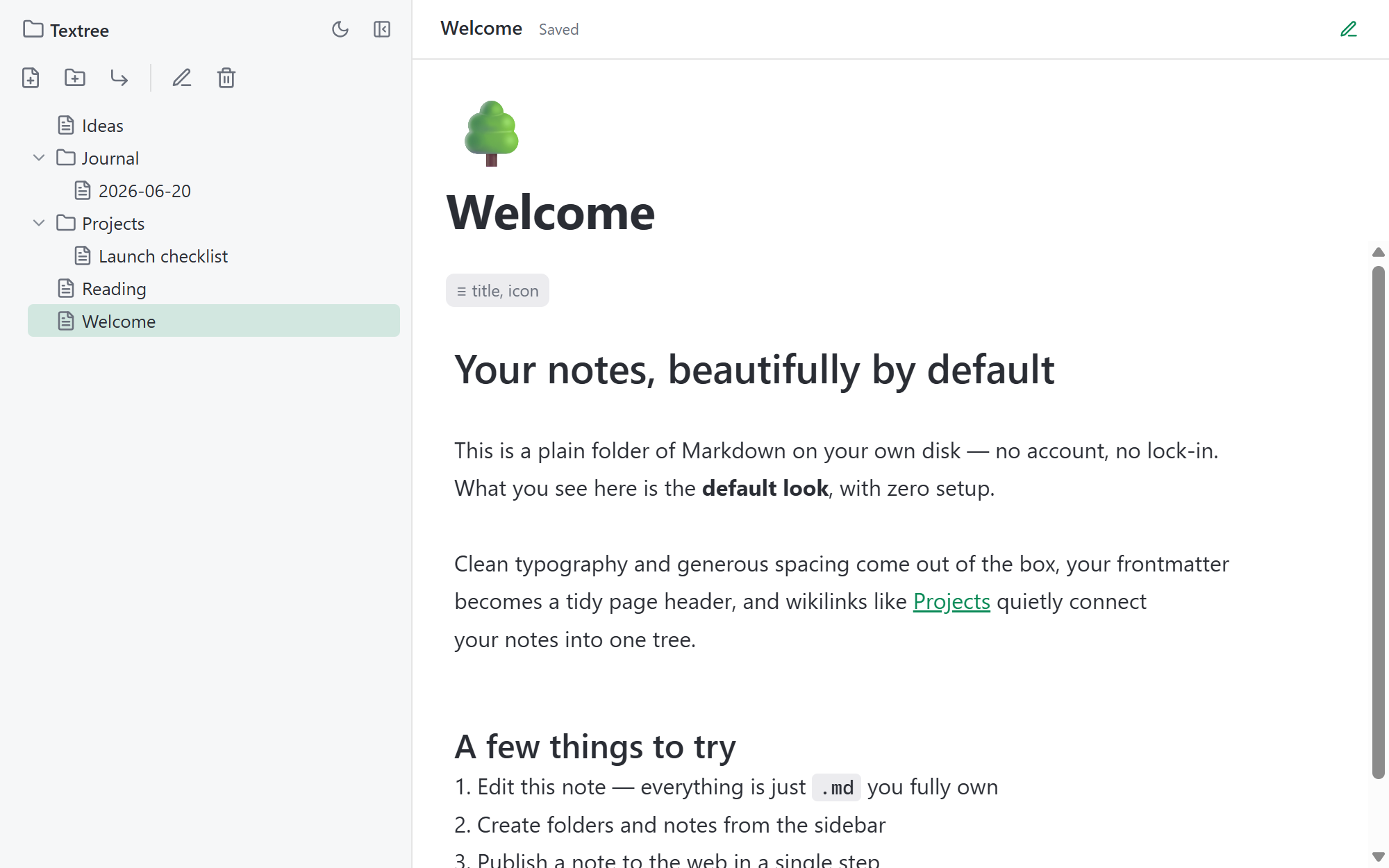Textree editor — a note that looks polished with no setup, beside the file tree